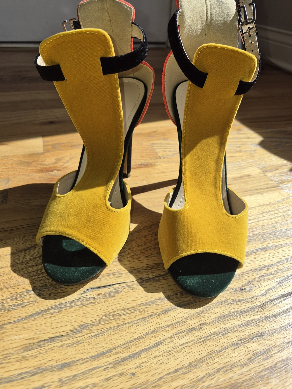 Yellow Faux Suede T-Strap High Heels with Black and Green Accents